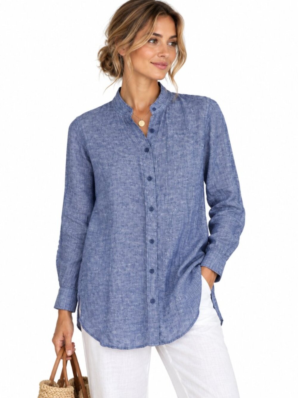Garnet Hill Linen Chambray Button-Up Shirt PS Collared Coastal Resort Lagenlook